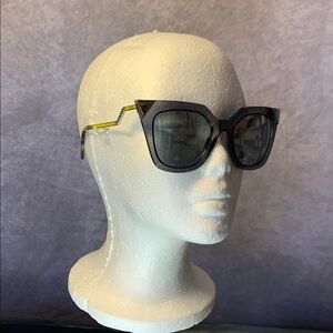 Fendi Cat Eye Gray Mirror Silver Yellow Rhinestone Metal Rim Resin Sunglasses